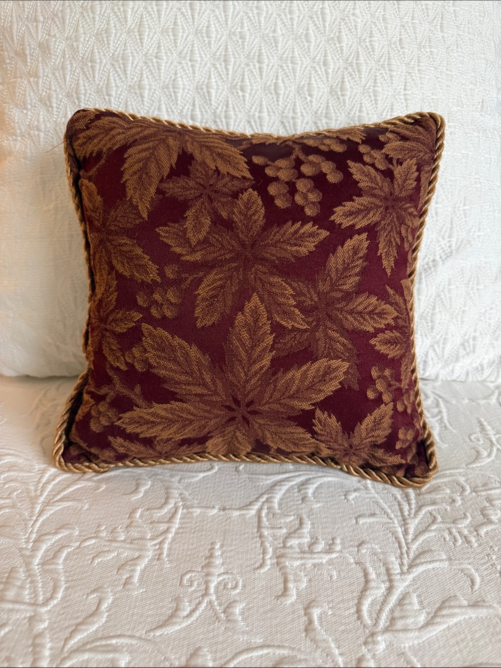 Decorative Burgundy and Gold Leaf Throw Pillow